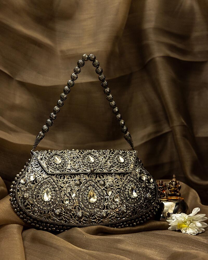 STYLES POINTER Girls/Women Small Size Handle Clutch | Ethnic Brass Metal Silver Bag | Handmade Vintage Buckle Design with Hanging Balls | Velvet Lining | Bridal Purse - 1