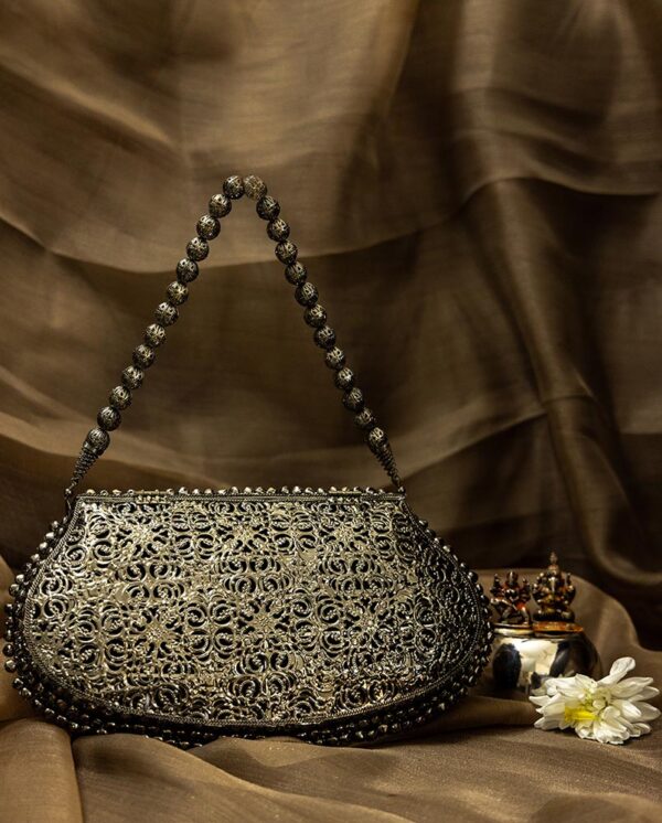 STYLES POINTER Girls/Women Small Size Handle Clutch | Ethnic Brass Metal Silver Bag | Handmade Vintage Buckle Design with Hanging Balls | Velvet Lining | Bridal Purse - 1 - Image 2