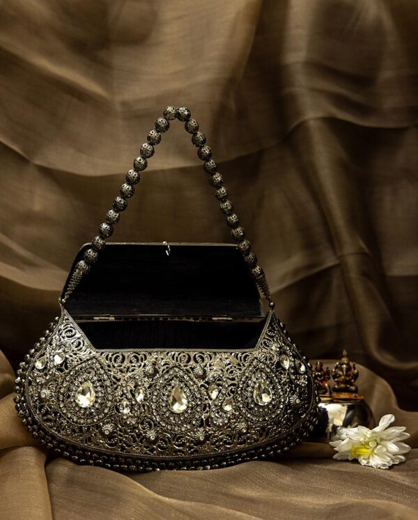 STYLES POINTER Girls/Women Small Size Handle Clutch | Ethnic Brass Metal Silver Bag | Handmade Vintage Buckle Design with Hanging Balls | Velvet Lining | Bridal Purse - 1 - Image 3