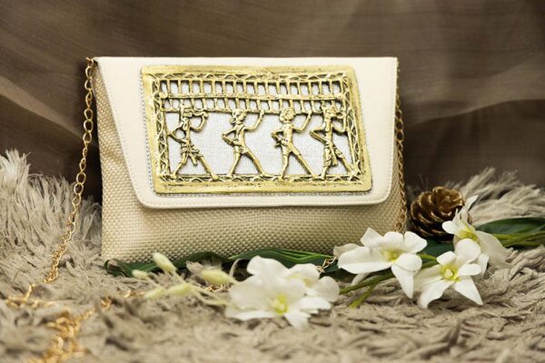 STYLES POINTER Adorn Embellished Suede Clutch for Women – Beige & Gold | Party Wear Hand Clutch | Magnetic Closure | Premium Suede Material