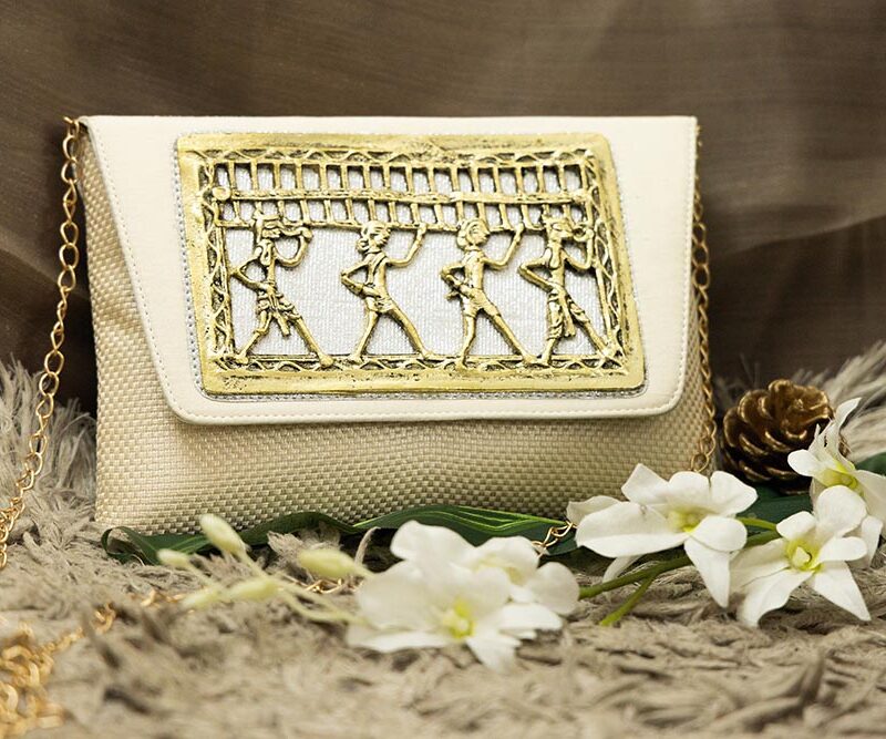 STYLES POINTER Adorn Embellished Suede Clutch for Women – Beige & Gold | Party Wear Hand Clutch | Magnetic Closure | Premium Suede Material