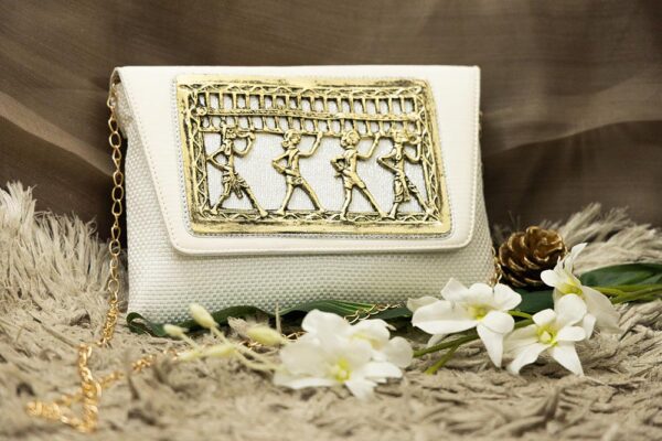 STYLES POINTER Adorn Embellished Suede Clutch for Women – White & Gold | Party Wear Hand Clutch | Magnetic Closure | Premium Suede Material