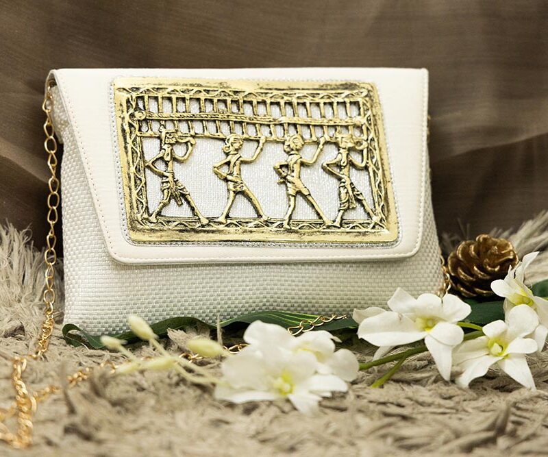STYLES POINTER Adorn Embellished Suede Clutch for Women – White & Gold | Party Wear Hand Clutch | Magnetic Closure | Premium Suede Material