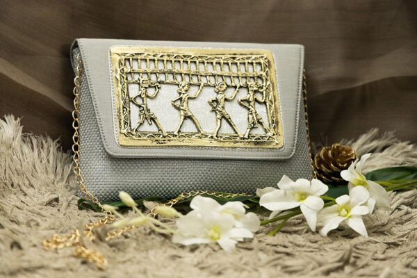STYLES POINTER Adorn Embellished Suede Clutch for Women – Gray & Gold | Party Wear Hand Clutch | Magnetic Closure | Premium Suede Material