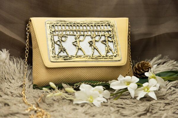 STYLES POINTER Adorn Embellished Suede Clutch for Women – Gold & Gold | Party Wear Hand Clutch | Magnetic Closure | Premium Suede Material