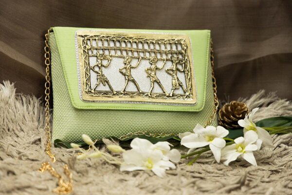 STYLES POINTER Adorn Embellished Suede Clutch for Women – Green & Gold | Party Wear Hand Clutch | Magnetic Closure | Premium Suede Material