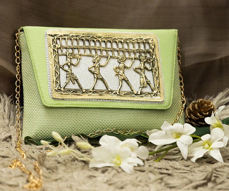 STYLES POINTER Adorn Embellished Suede Clutch for Women – Green & Gold | Party Wear Hand Clutch | Magnetic Closure | Premium Suede Material