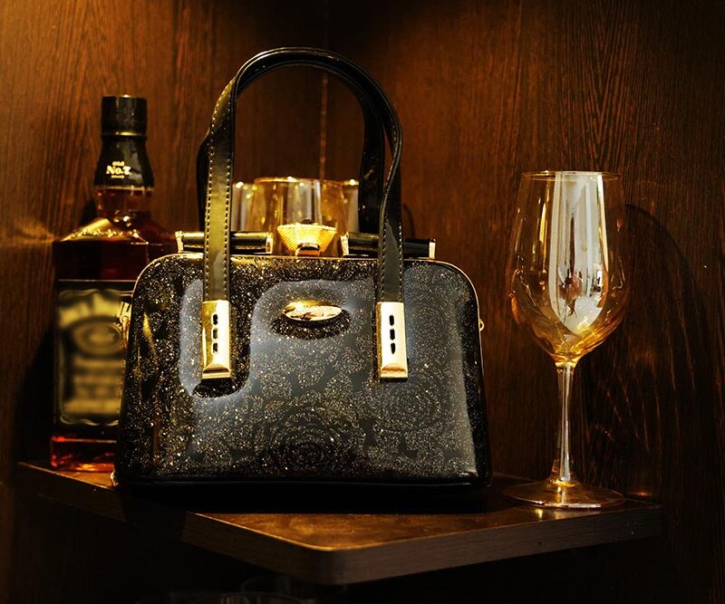 STYLES POINTER Leather Black & Gold Floral Box Clutch