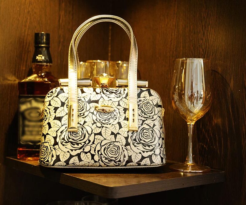 STYLES POINTER Leather Gold & Black Floral Box Clutch
