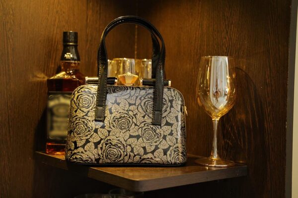 STYLES POINTER Leather Black & Gold Floral Box Clutch with Black Straps - Image 3