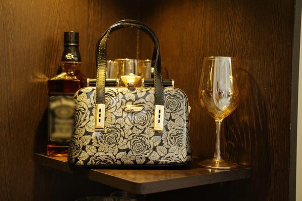 STYLES POINTER Leather Black & Gold Floral Box Clutch with Black Straps