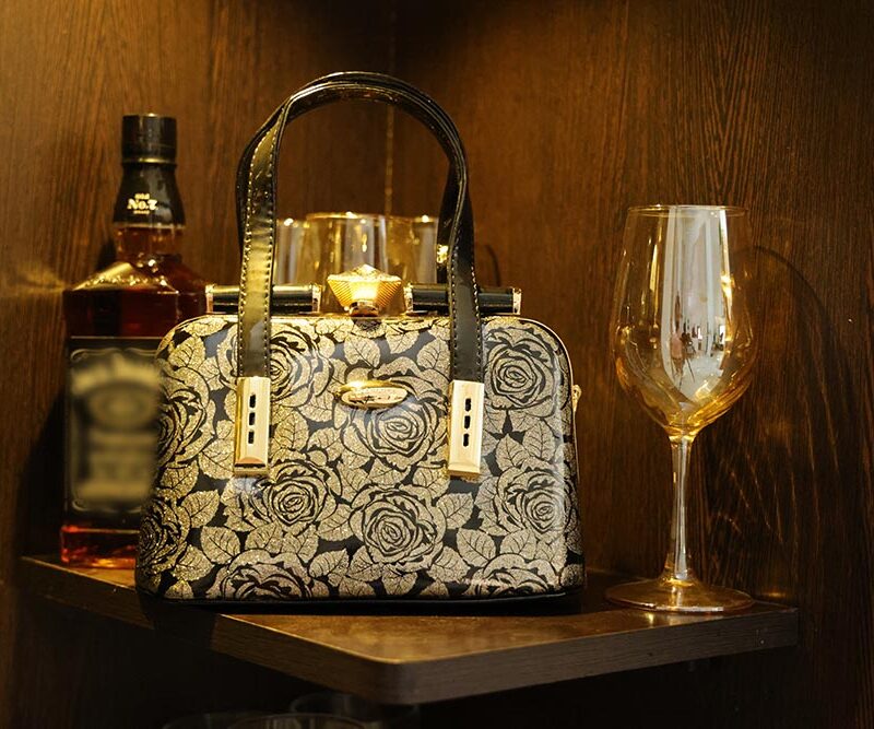 STYLES POINTER Leather Black & Gold Floral Box Clutch with Black Straps