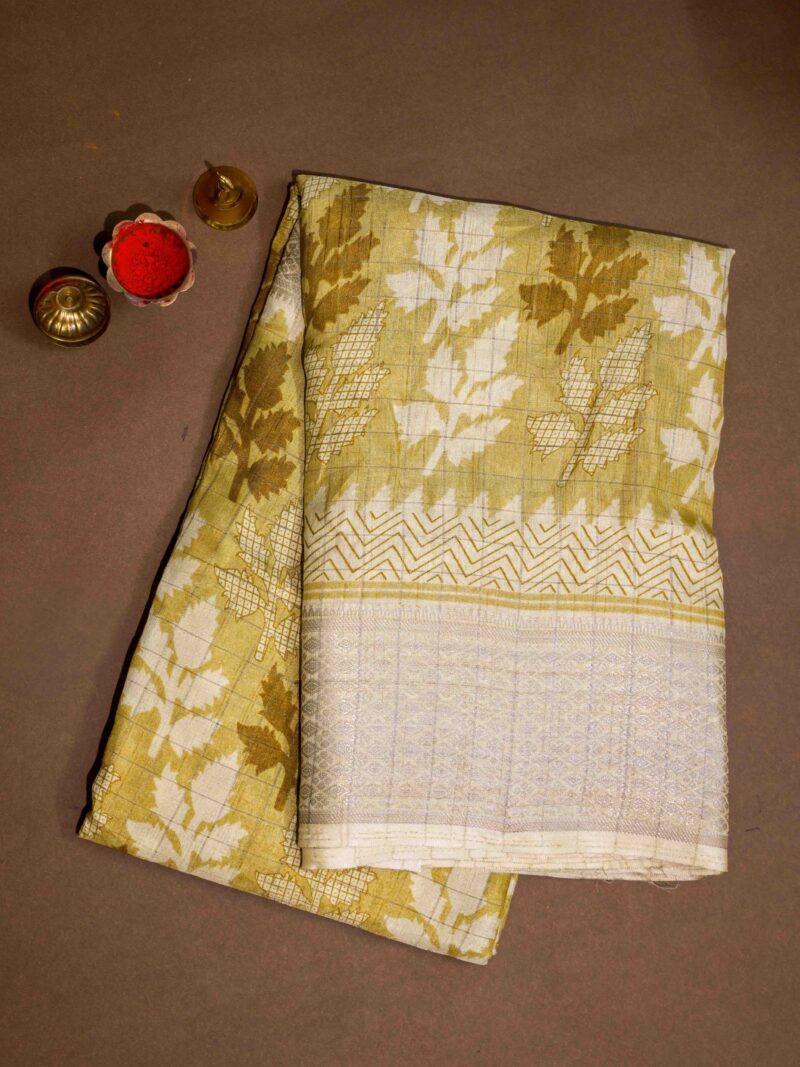 STYLESPOINTER Elegant Cotton Printed Saree with Rich Heavy Border – Mustard Beige