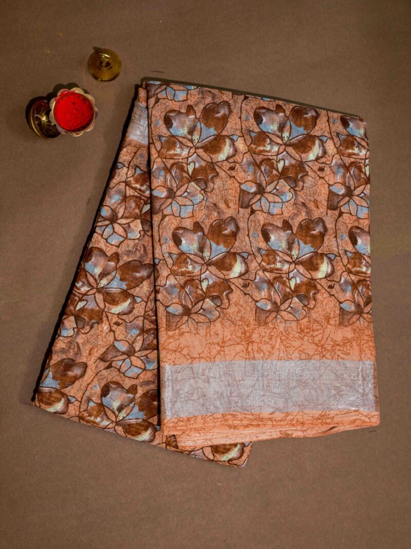 STYLESPOINTER Elegant Floral Cotton Printed Saree – Peach & Brown Tones