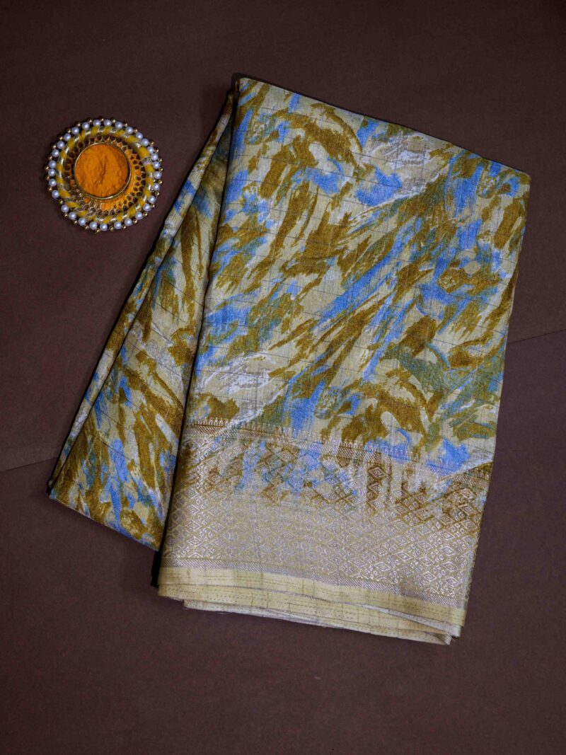 STYLESPOINTER Elegant Scratch Cotton Saree with Abstract Print – Olive Blue Blend