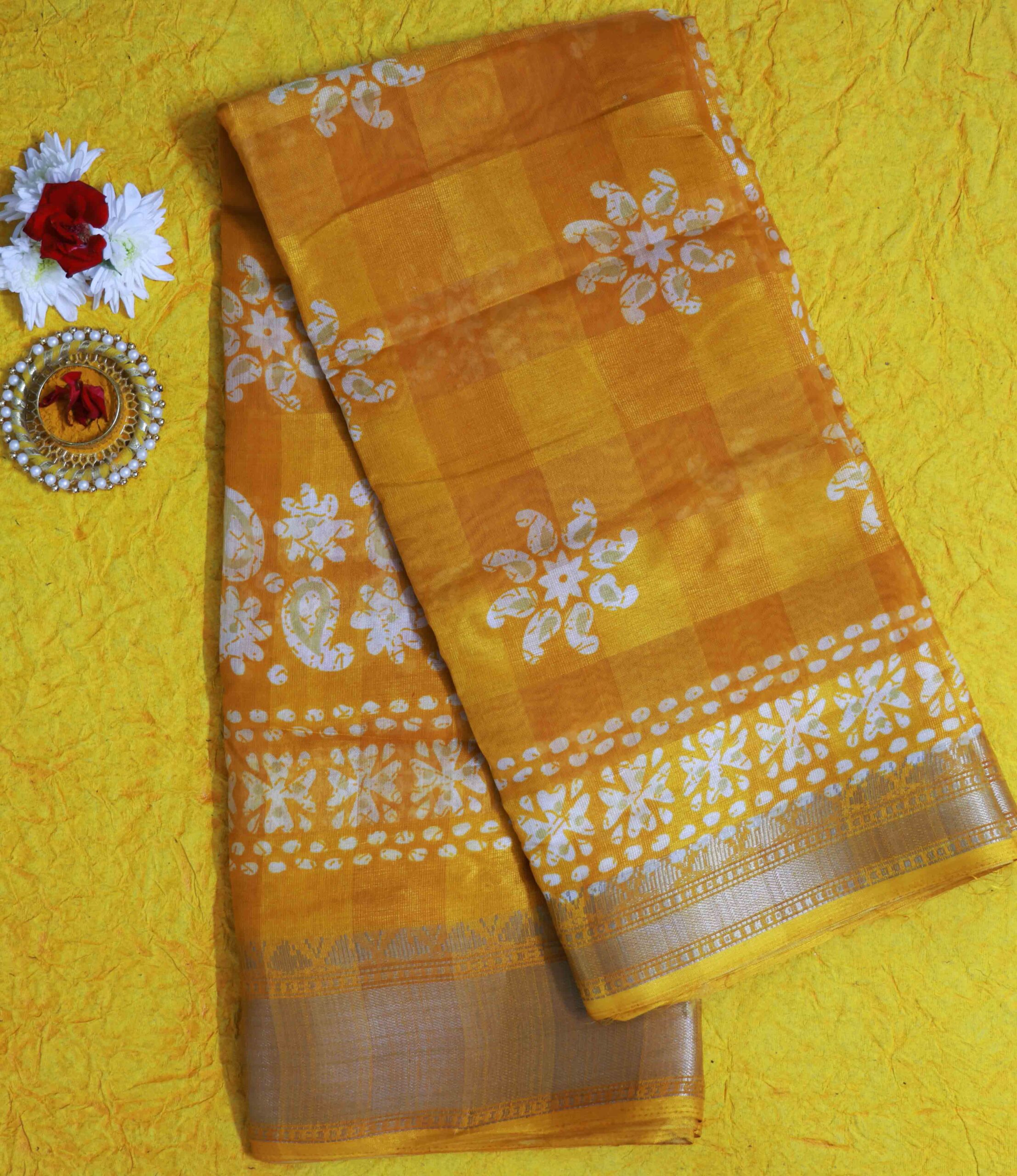 STYLESPOINTER Sun-Kissed Elegance Handcrafted Mustard Yellow Saree with White Motifs