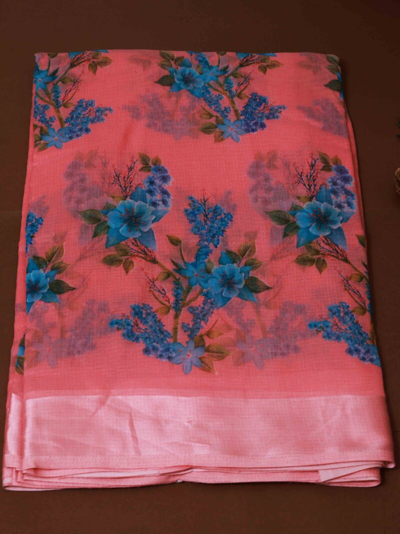 STYLESPOINTER Graceful Floral Print Silk Mills Patta Saree – Peach Pink