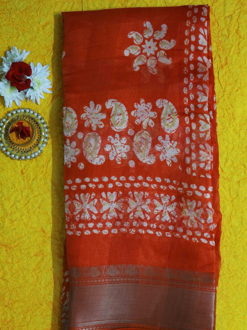 STYLESPOINTER Floral Radiance Red-Orange Bandhani Saree with Zari Elegance