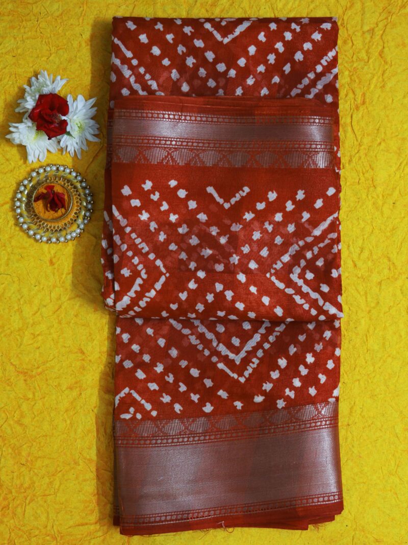 STYLESPOINTER Rust RED Radiance Bandhani Saree with Gleaming Zari Border