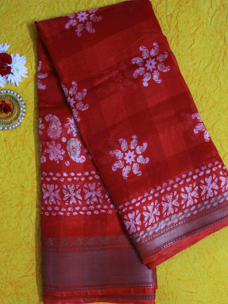STYLESPOINTER Crimson Grace Traditional Red Saree with Elegant White Motifs & Zari Border