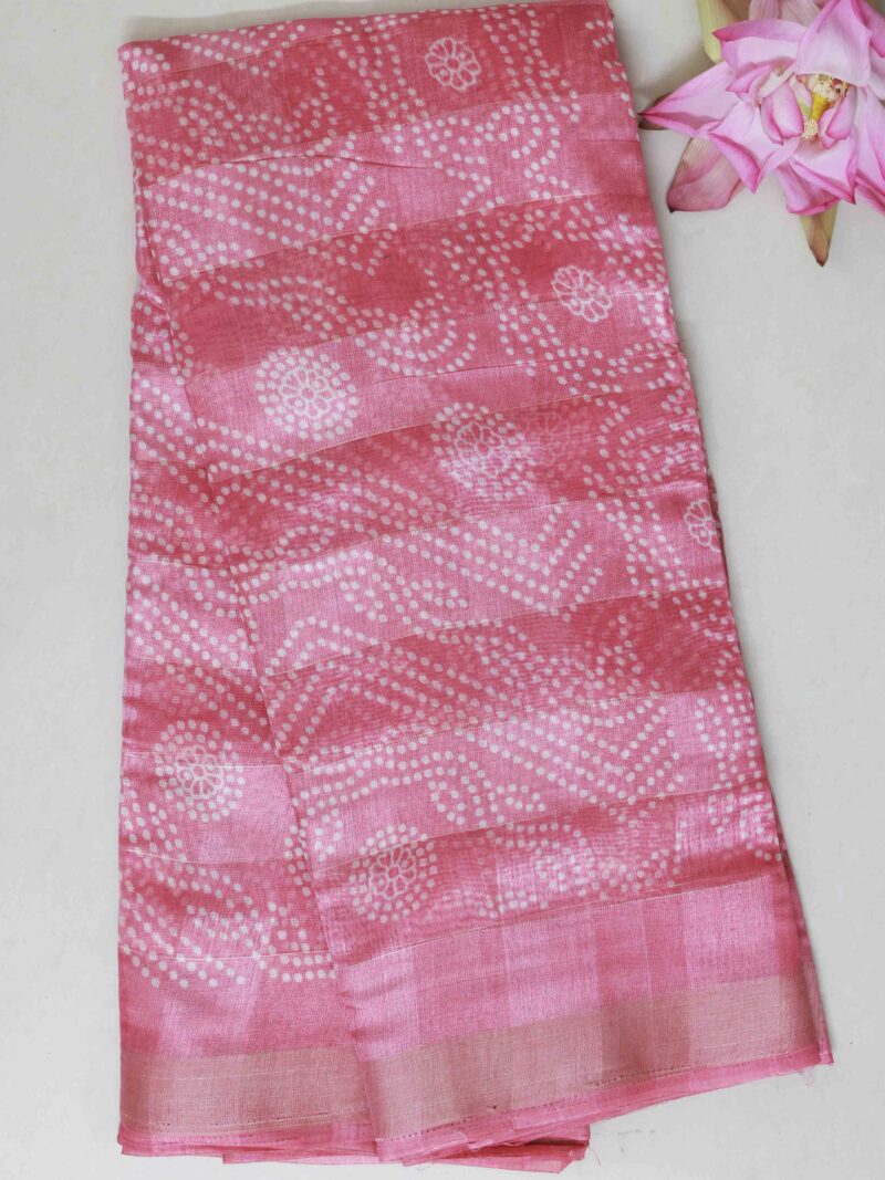 STYLESPOINTER Blush Pink Bandhani-Printed Cotton Saree – Soft Elegance in Every Fold