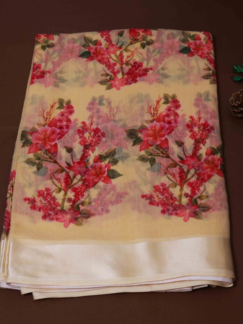 STYLESPOINTER Graceful Floral Print Silk Mills Patta Saree – Light Beige