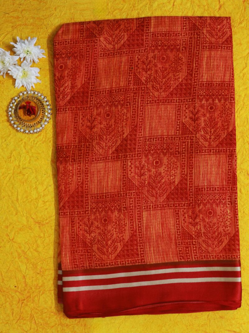 STYLESPOINTER Womens Cotton Elegant Motif Traditional Printed Saree | Red Cotton Silk Saree with Woven Motifs and Striped Border