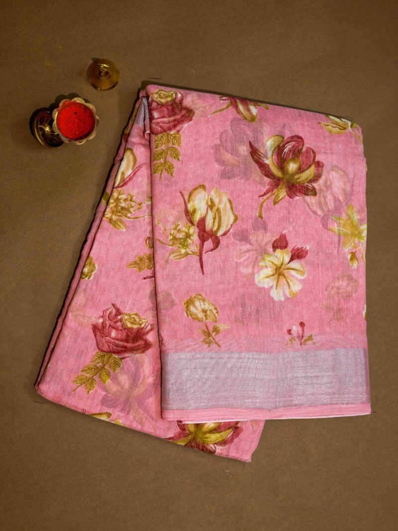STYLESPOINTER Elegant Floral Cotton Digital Print Saree – Bright Rose Pink