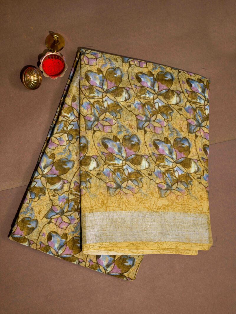 STYLESPOINTER Elegant Floral Cotton Printed Saree - Mustard Yellow