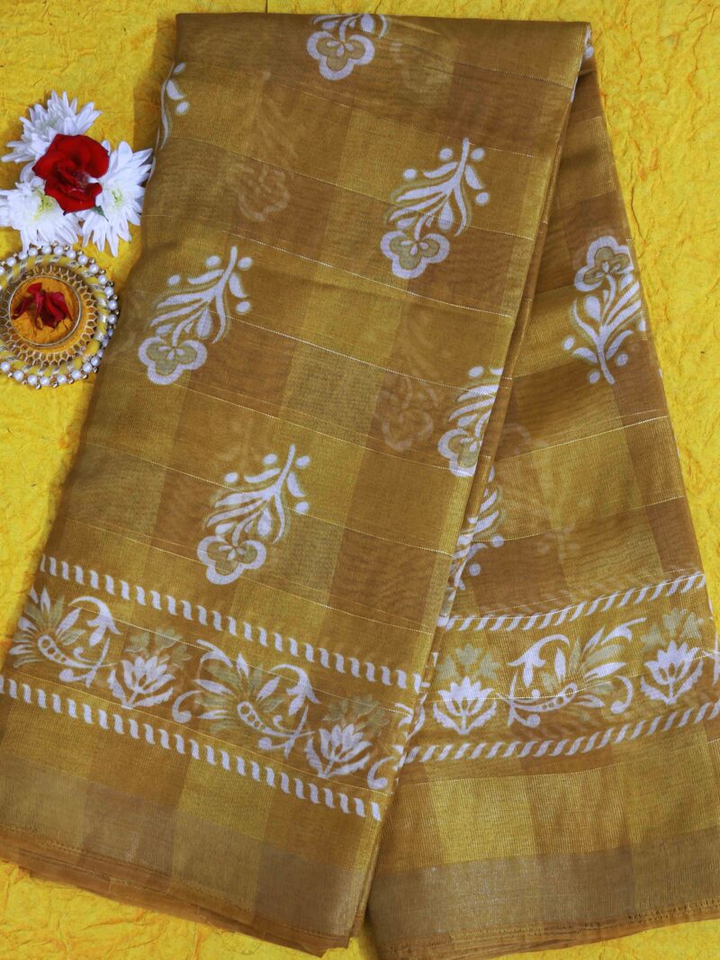STYLESPOINTER Golden Serenity Earth-Toned Saree with White Floral Vine Border