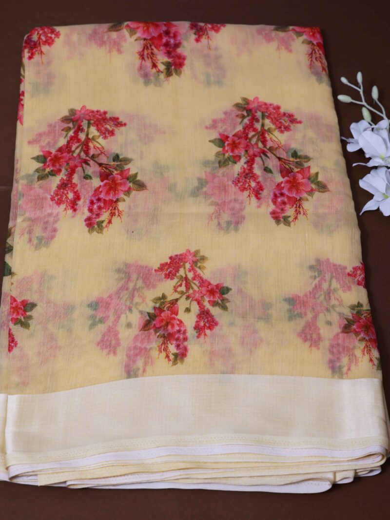 STYLESPOINTER Graceful Floral Print Silk Mills Patta Saree – Soft Yellow