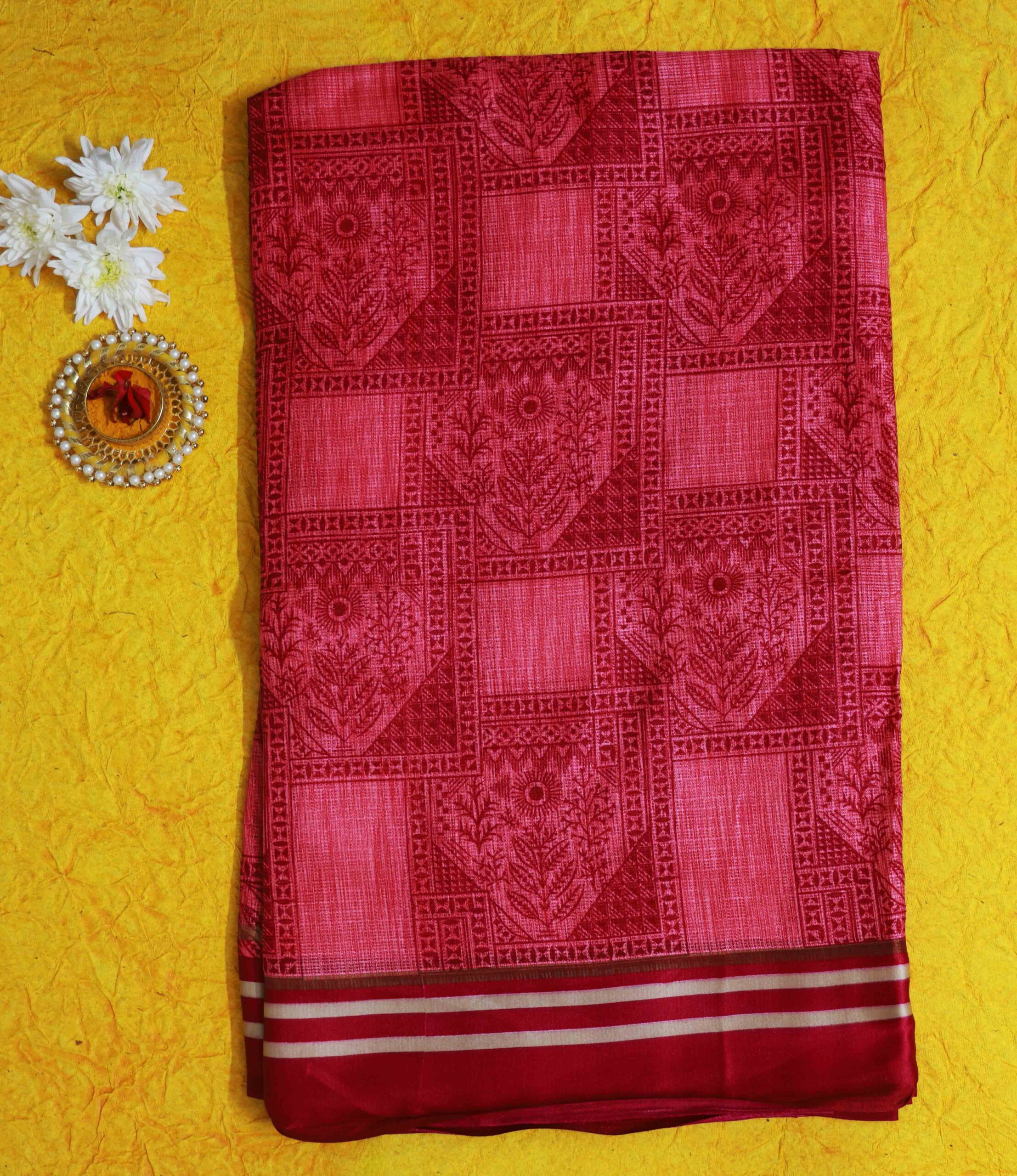 STYLESPOINTER Womens Cotton Ethnic Motif Printed Saree | Chic Rose Red Cotton Silk Saree with Elegant Woven Motifs