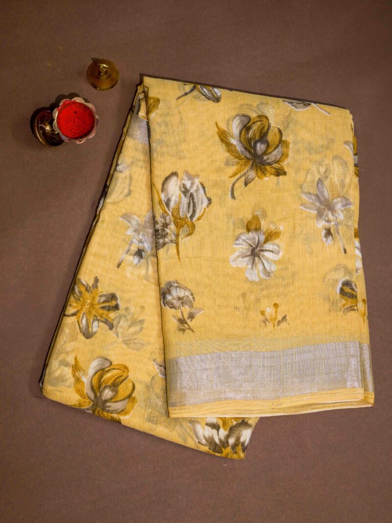 STYLESPOINTER Elegant Floral Cotton Digital Print Saree – Soft Mustard Yellow