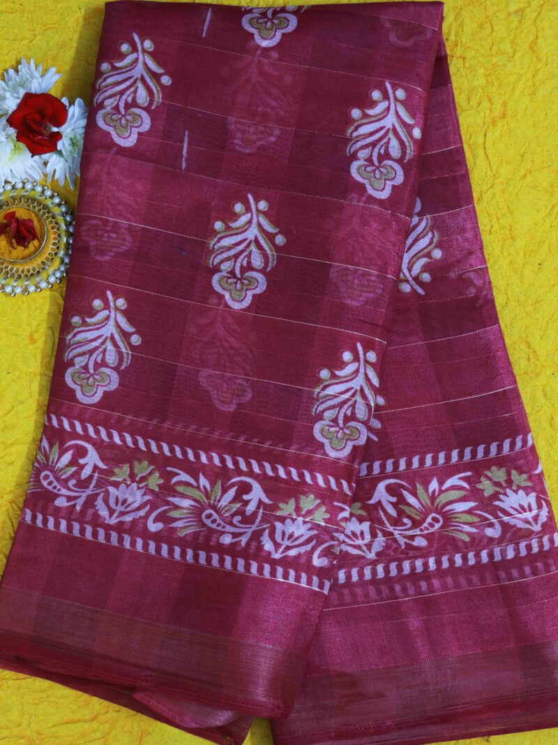 STYLESPOINTER Crimson Grace Elegant Maroon Saree with White Floral Vine Border & Paisley Motifs