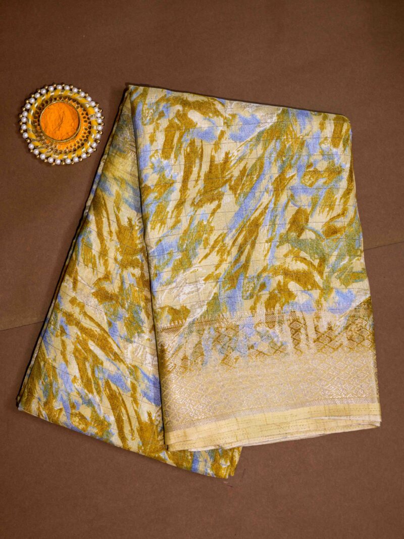 STYLESPOINTER Elegant Scratch Cotton Saree with Abstract Print – Light Mustard Beige (a warm mustard-toned beige)