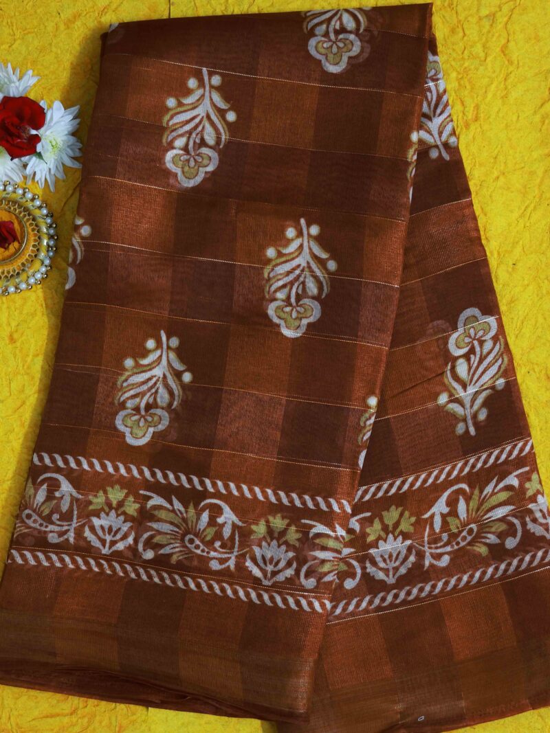 STYLESPOINTER Elegant Handcrafted Brown Cotton Check Saree with Floral Motifs