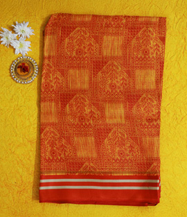 STYLESPOINTER Womens Cotton Ethnic Motif Printed Saree | Traditional Handwoven Temple Motif Saree – Fiery Orange & Gold